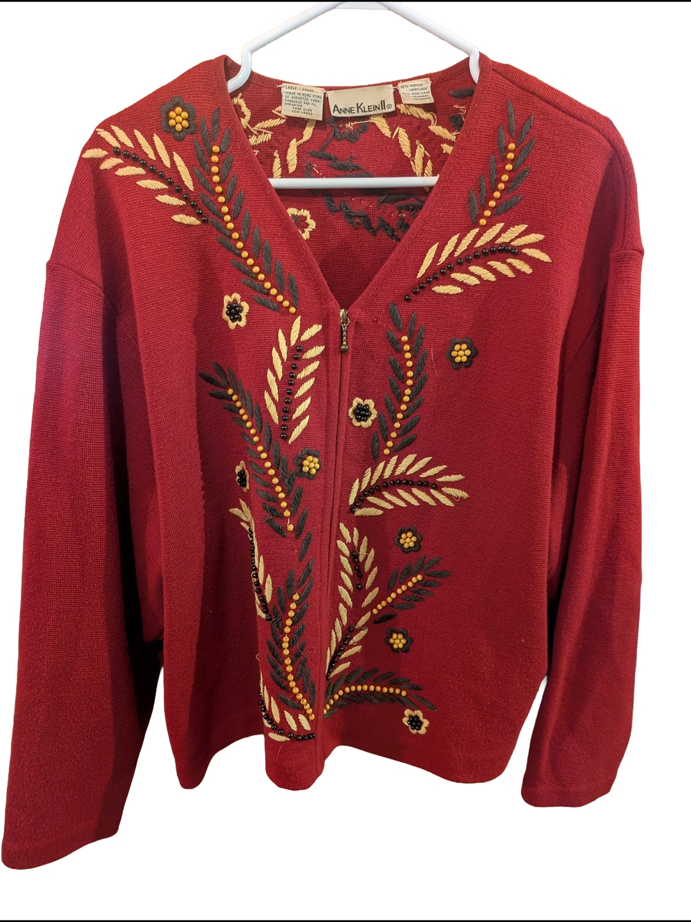 Anne Klein Red Embroidered V-Neck Sweater